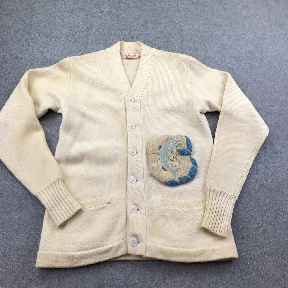 Vintage Trojan Sweater Mens XL White Wool Letterman Cardigan Dolphin C Patch